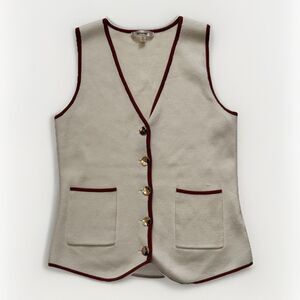 LALAVON Vest Top Medium Button Down Brit Top Cream Sweater Caramel Trim Gold